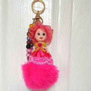 Pink Doll Keychain with Fluffy Pom Pom